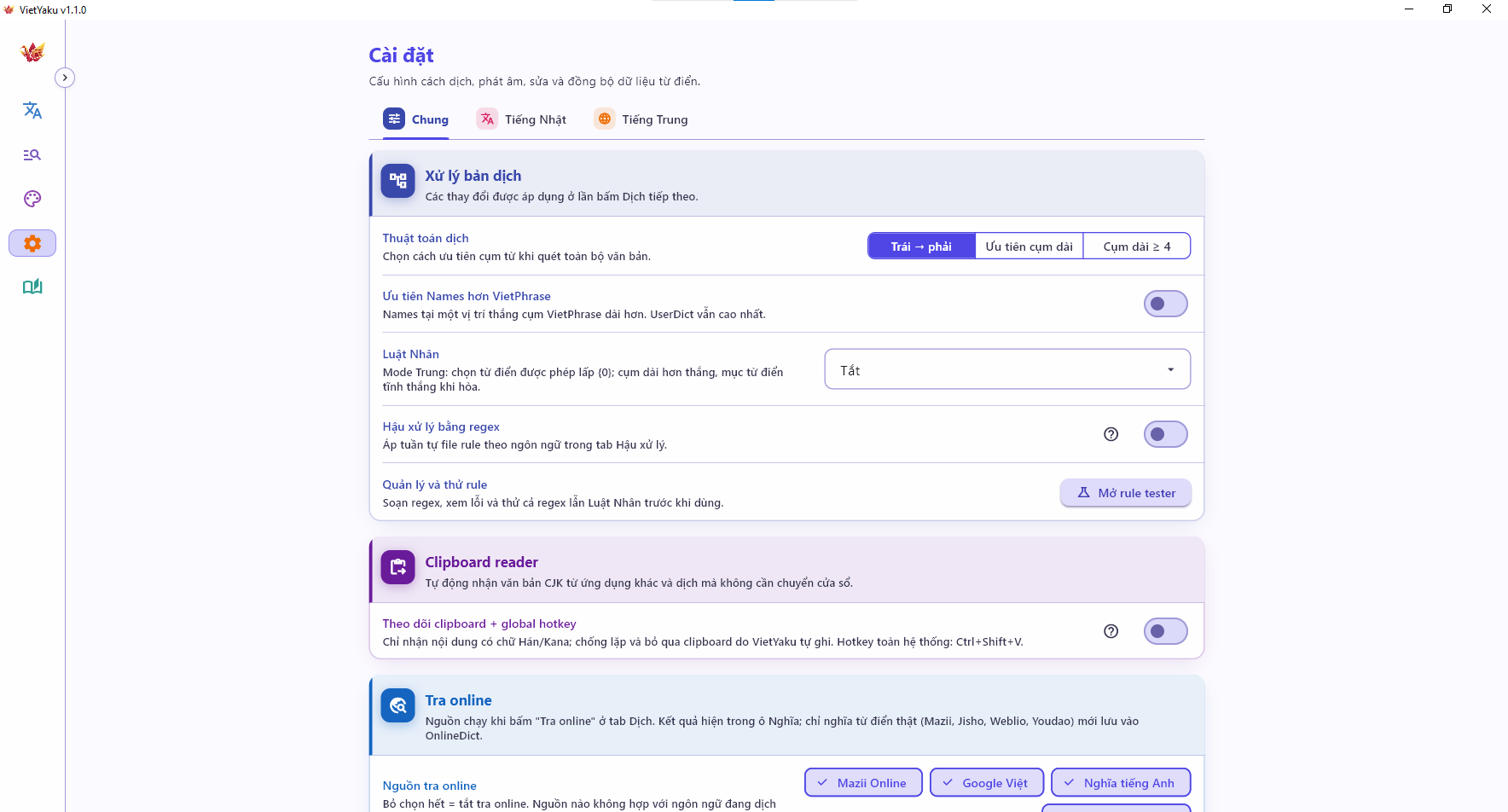 Cài đặt thuật toán dịch, clipboard reader và nguồn tra online